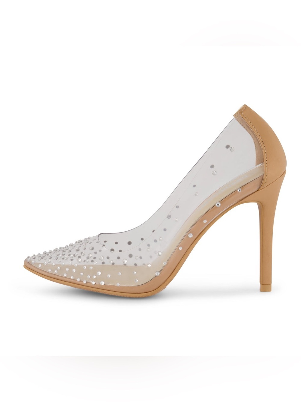 Nude Clear Pointed-Toe Heels with Crystal Studs